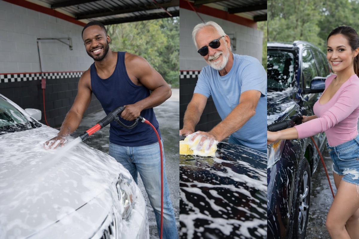 Happy customers washing their cars at Deltona Car Wash
