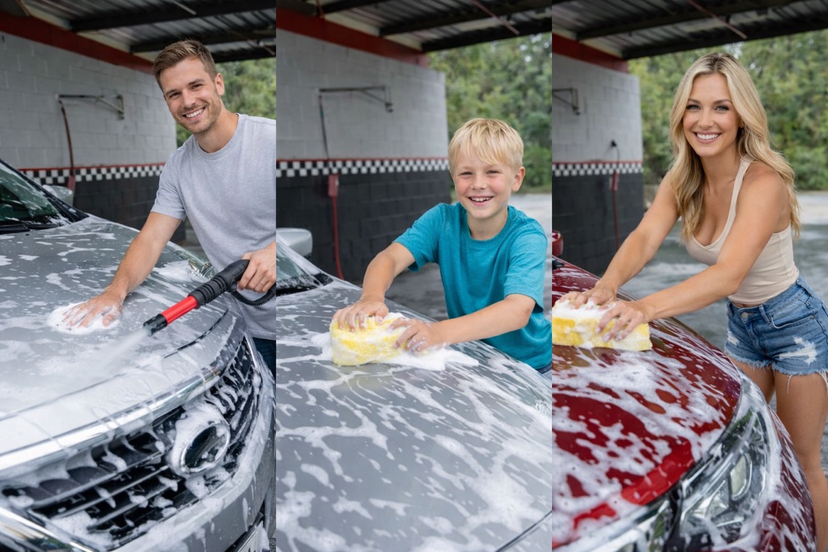 Family washing their car at Deltona Car Wash